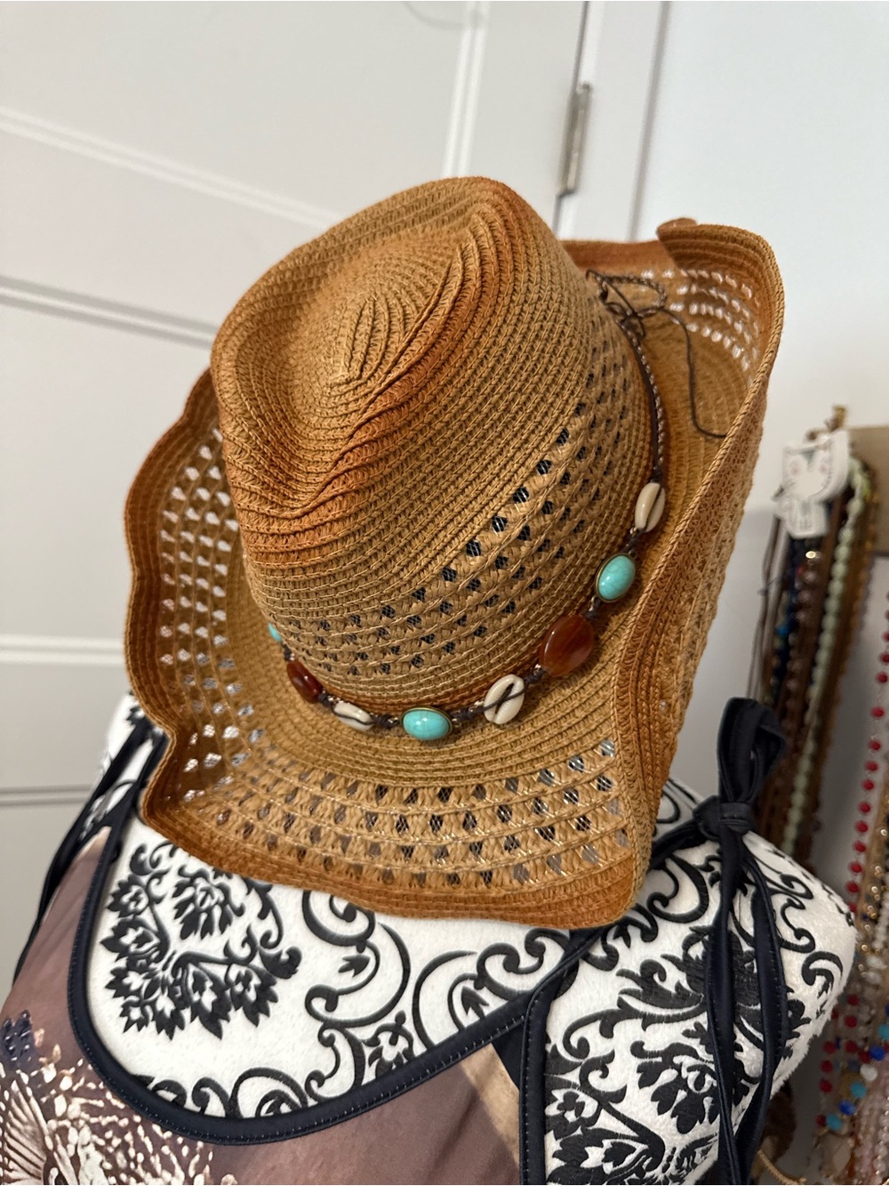 Straw Beach Fedora Hat with Beaded Shell Band - Brown